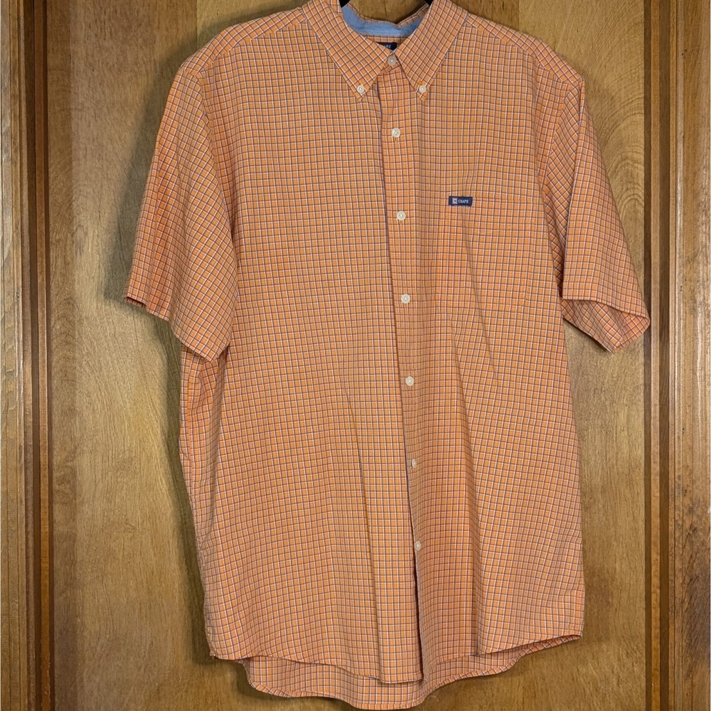 CHAPS Men's XL Short-Sleeve Plaid Button-Up Shirt – Orange & Blue Easy Care